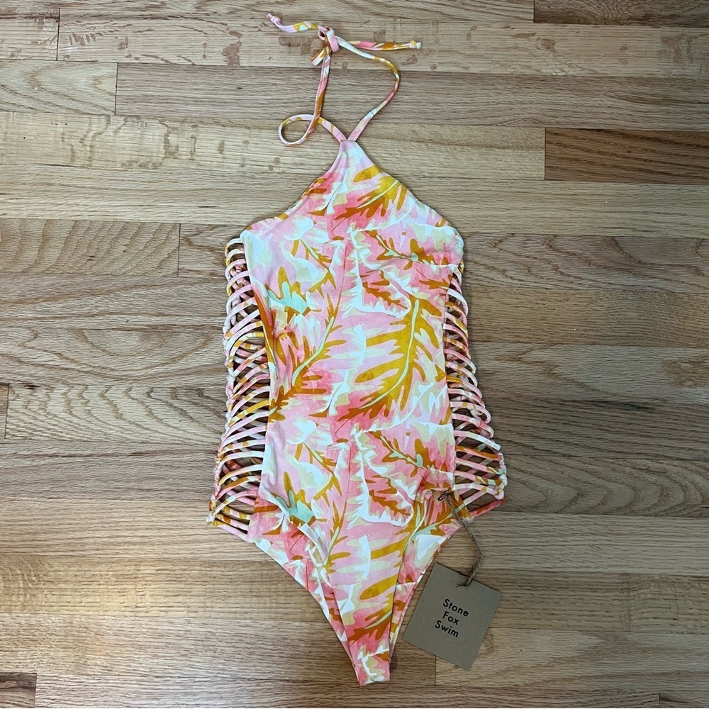 NWT Stone Fox Womens White Pink Print Fella One Piece Halter Style Swimsuit XS